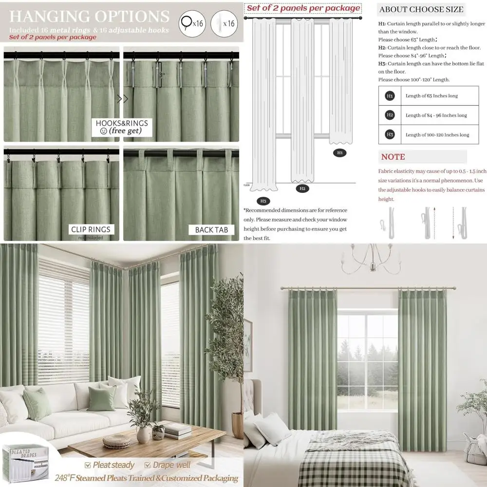 

Зеленые шторы в стиле фермерского дома, длина 96 дюймов, комплект из 2 панелей с защипами и прозрачным льняным полотном для рассеивания света и обеспечения приватности