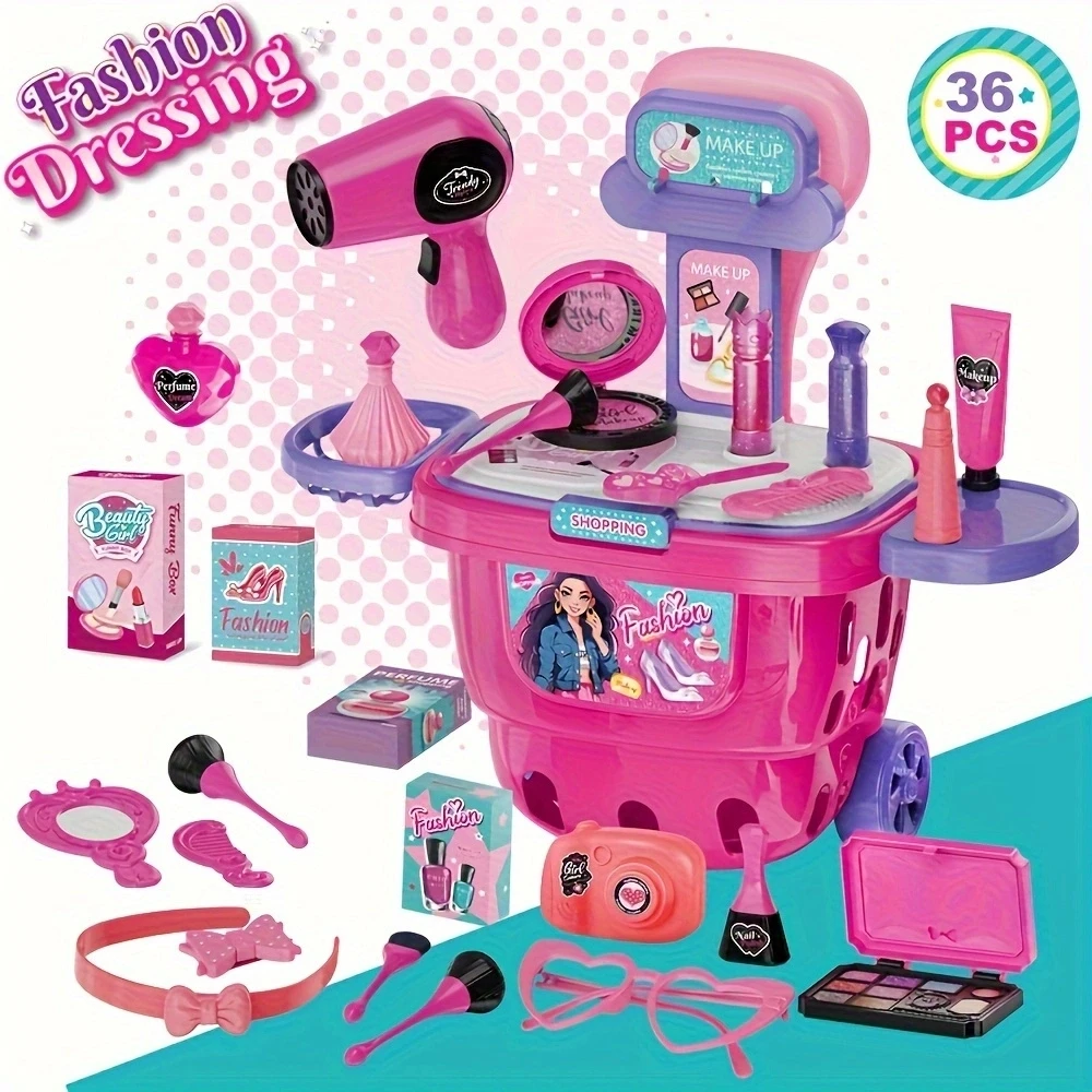 36 luxury fashion makeup and styling sets for kids with luggage, hairdryer, brushes, lipstick, mirror and bobby pins