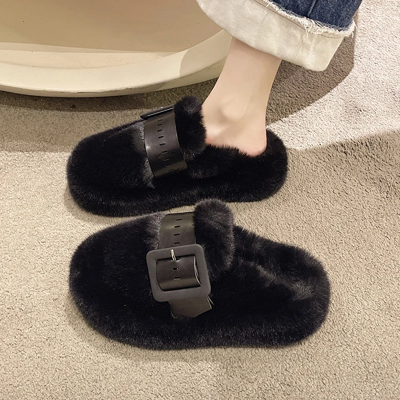 Fur Flats Women Slippers Short Plush Warm Mules 2023 Winter New Casual Platform Shoes Flip Flops Zapatos De Mujer Indoor Winter