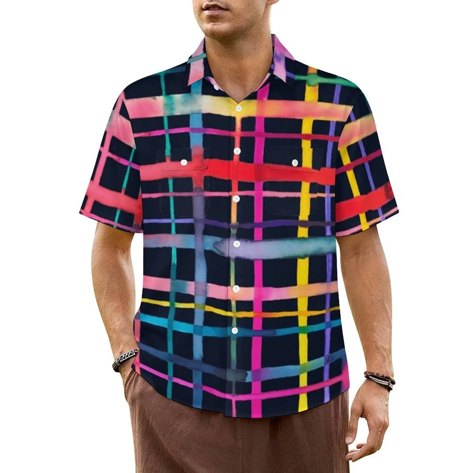 

Hawaiian Shirt Beach Abstract Geometry Blouses Multicolor Checkered Loose Casual Shirts Man Short-Sleeve Y2K Plus Size 4XL Top