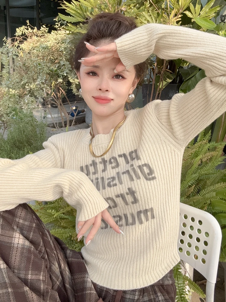 

Slim Fit round Neck Letter Print Base Layer Knitted Sweater Women's Fashion Spring New Style Short Inner Wear Top