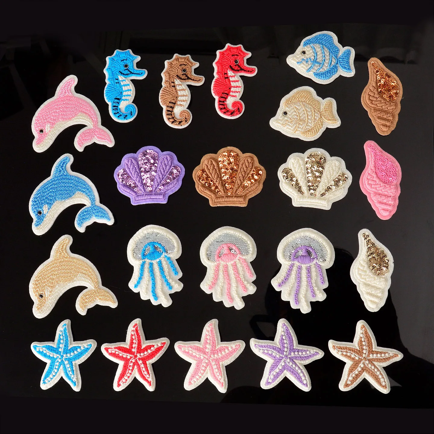 1 Piece Embroidery Sequins Sew on Patch Corsage for Clothing Bags 4-6 CM Seahorse Dolphin Scallop Tropical Fish DIY Decoration