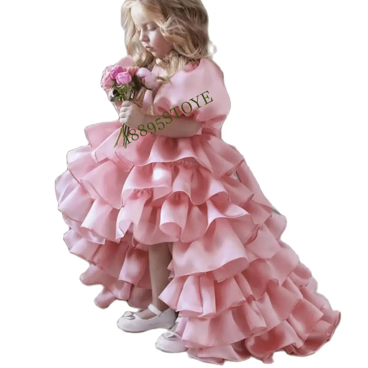 

Flower Girl Dress For Wedding Bubble Sleeve Layered Ball Gown Elegant Princess Kids Birthday Party First Communion Dresses