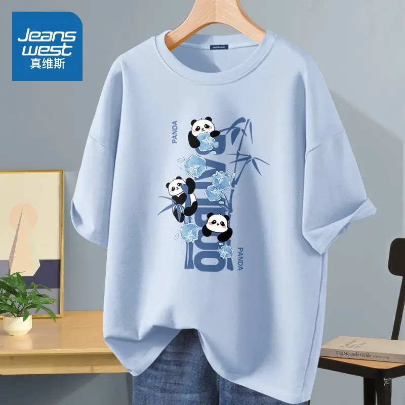 T-shirt estampada do panda dos desenhos animados das mulheres, algodão puro, o-pescoço, manga curta, pulôveres soltos, tops casuais, verão, chique, básico, S-5XL