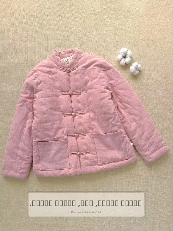 스트리트 슬레 중국 레트로 버튼 코튼 재킷 아우터웨어 여성용 코트 롱 슬리브 라운드 넥 레귤러 얇은 겨울 코트