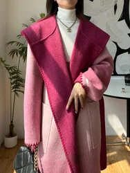 Gradient Cashmere Overcoat Long Wool Coat Autumn Winter Women Big Size Hooded Bathrobe Double-sided Wool Coat Female Loose Warm