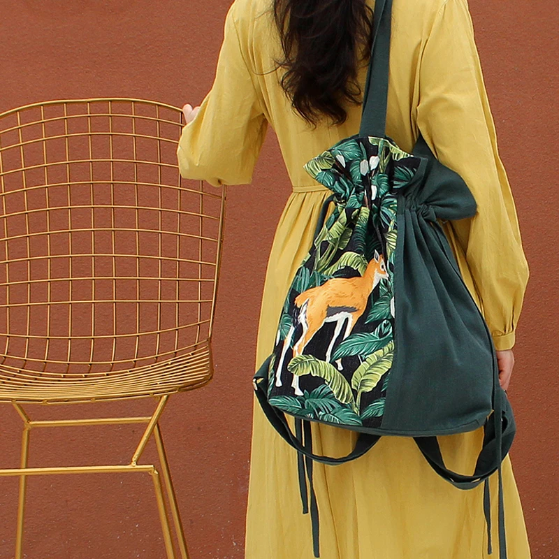 Original women bags Green cotton linen large-capacity shoulder bag Fashion drawstring vacation travel bags