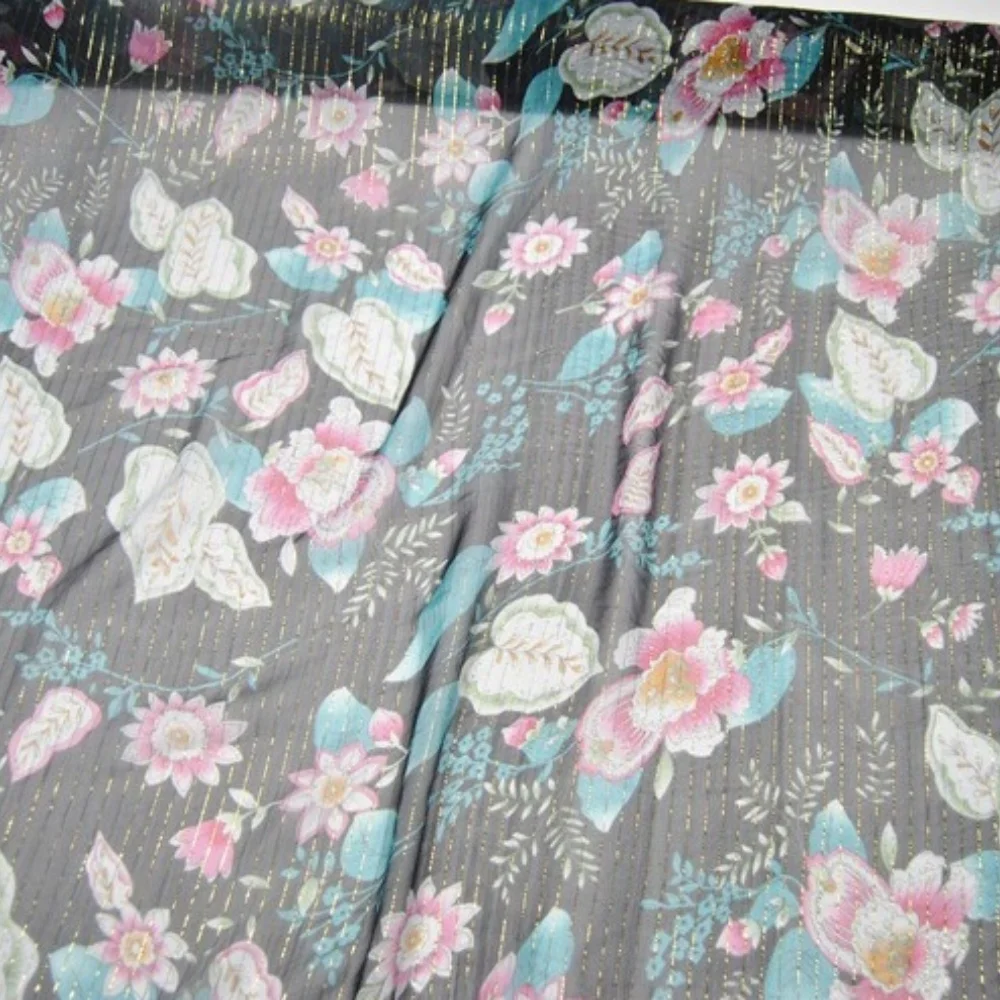 Shiny Beautiful Organic Popular Silk Crepe Chiffon Fabric Crinkle GGT Metallic Line Printed Flowers for Dresses Suit Shirt
