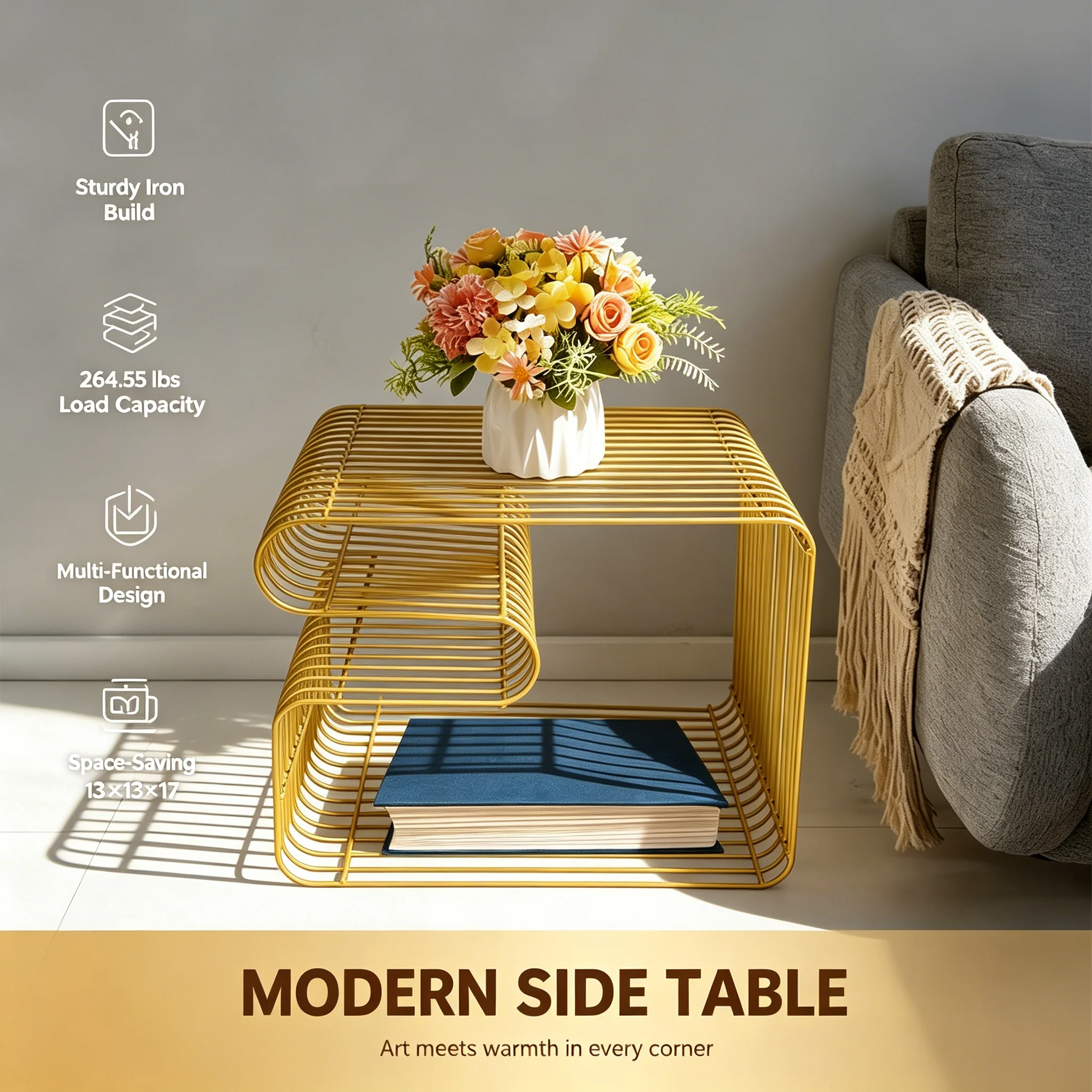 Modern Silver/Gold T-Shaped Side Table, Sturdy Iron End Tabl