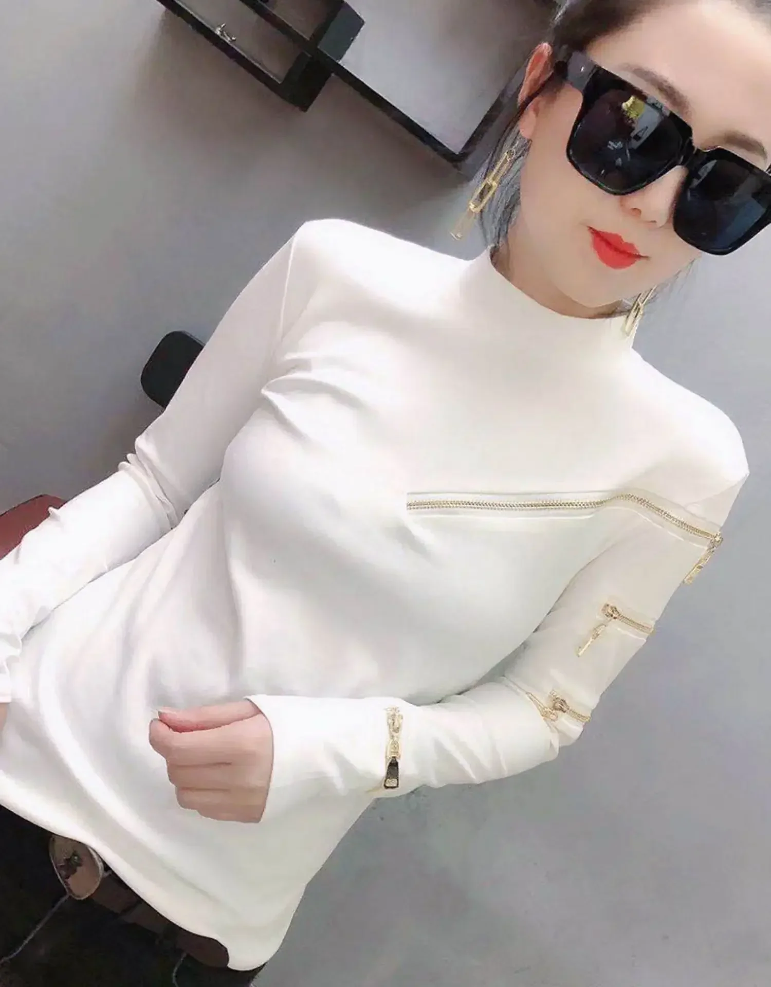 Zipper Deco Women T-shirts Femme Strechy Cotton T-shirts Lady Zipper Pullovers Tp[s