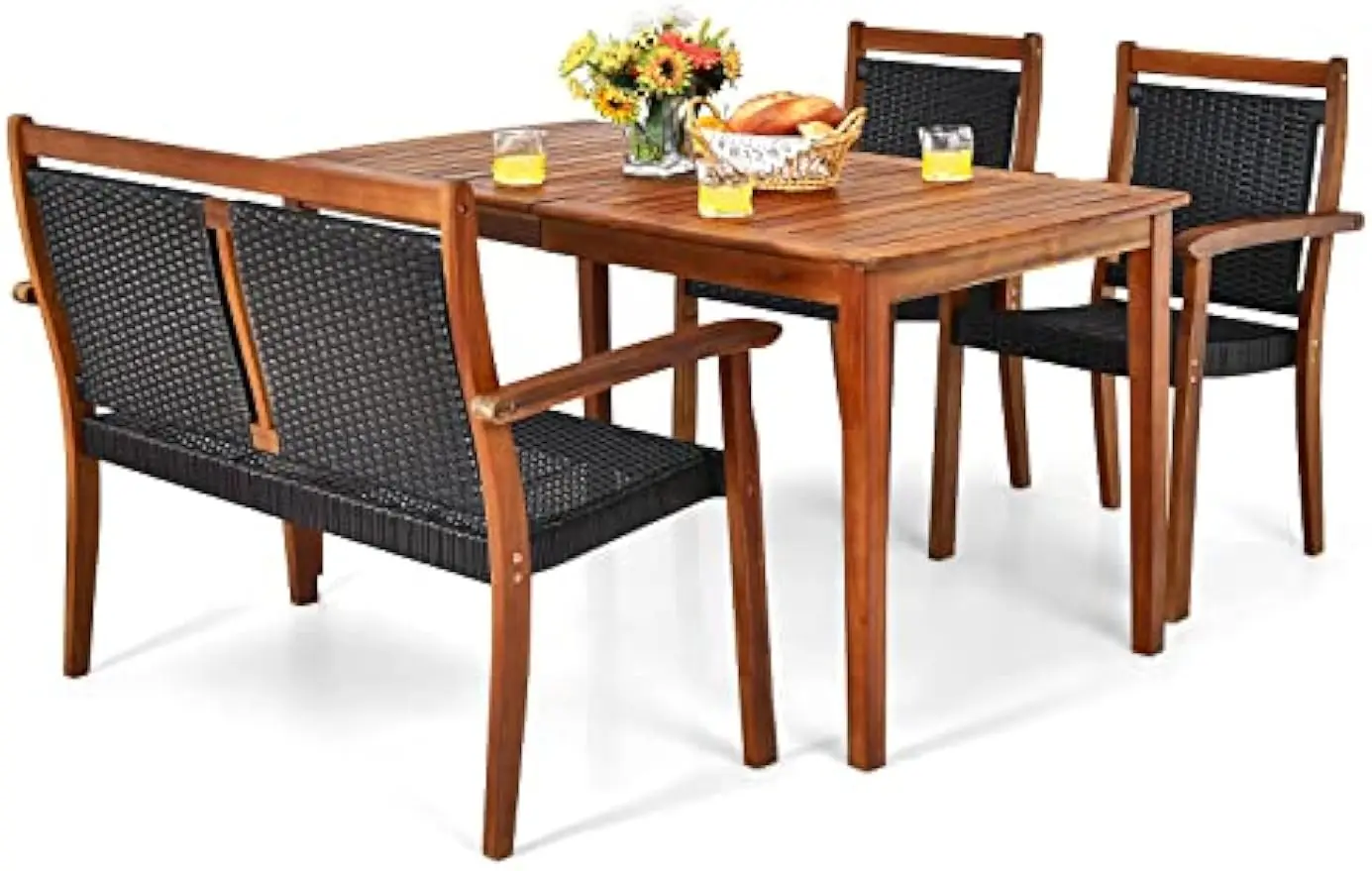 

Tangkula 4 Pieces Patio Dining Set for 4, Patiojoy Space-Saving Outdoor Acacia Wood Dining Table and PE Rattan Chairs Set with 1