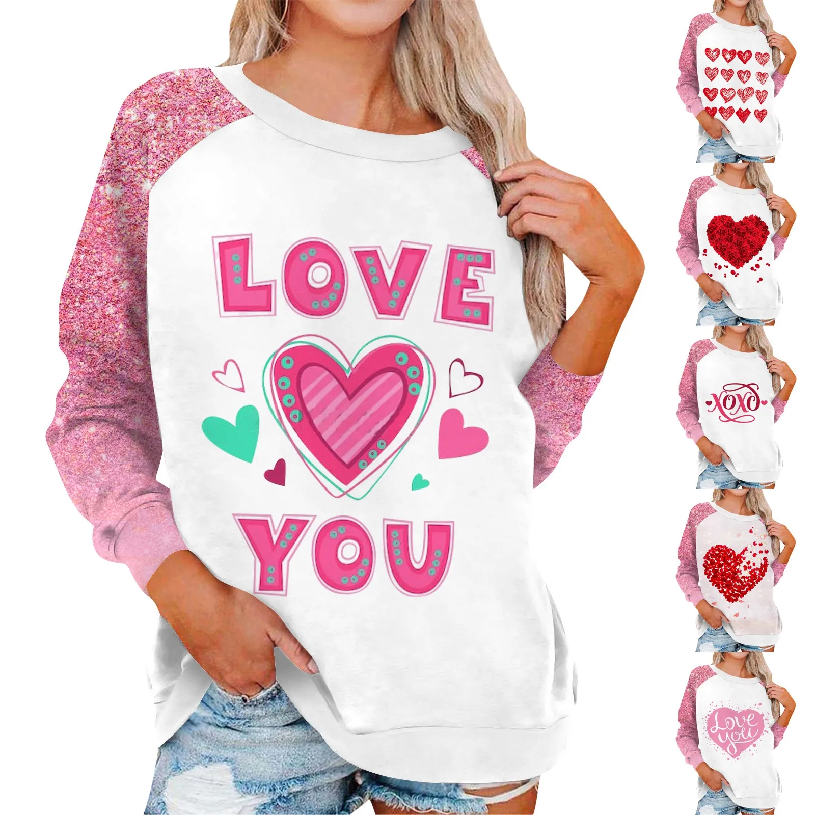 Heart Print Women Funny Pink Sweatshirts Girl Autumn Y2k Sweatshirt Female Harajuku Winter Kawaii Clothes Letter Print Sweatshir