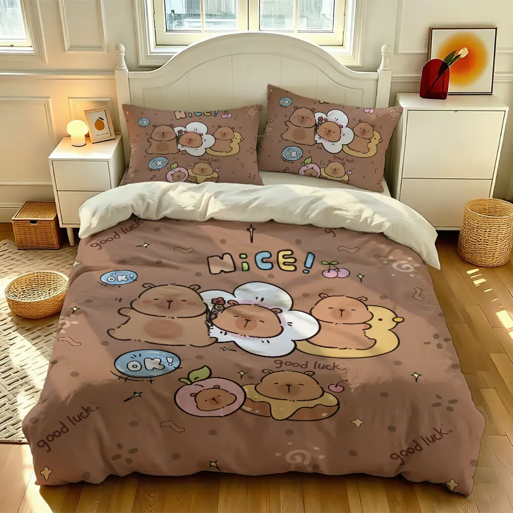 Capybara Duck Duvet Cover Set 3 Piece Cute Cartoon Animal Print Bedding Set with Pillowcases for Kids Bedroom