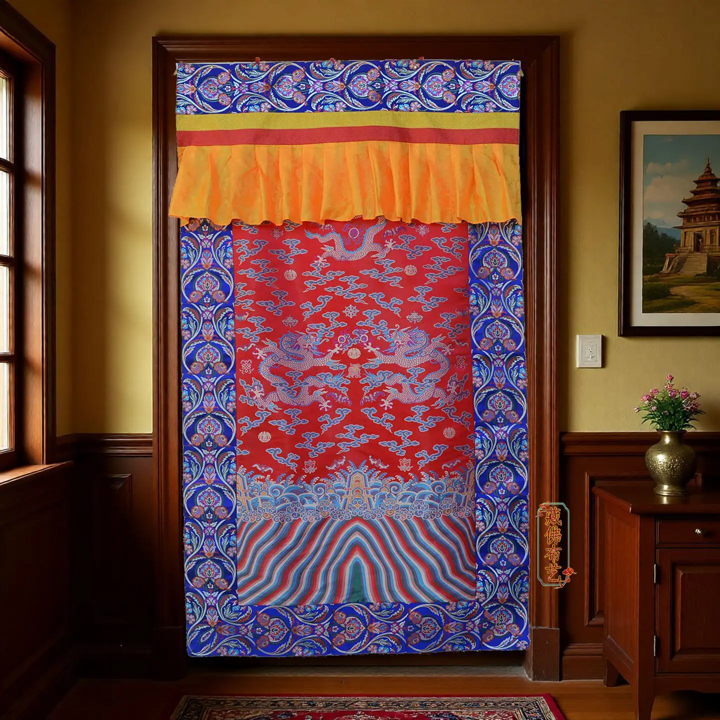 Five Color Dragon Pattern Door Curtain Blue White Red Green Yellow Buddhist Shrine Divider Hanging, Prayer Space Decoration