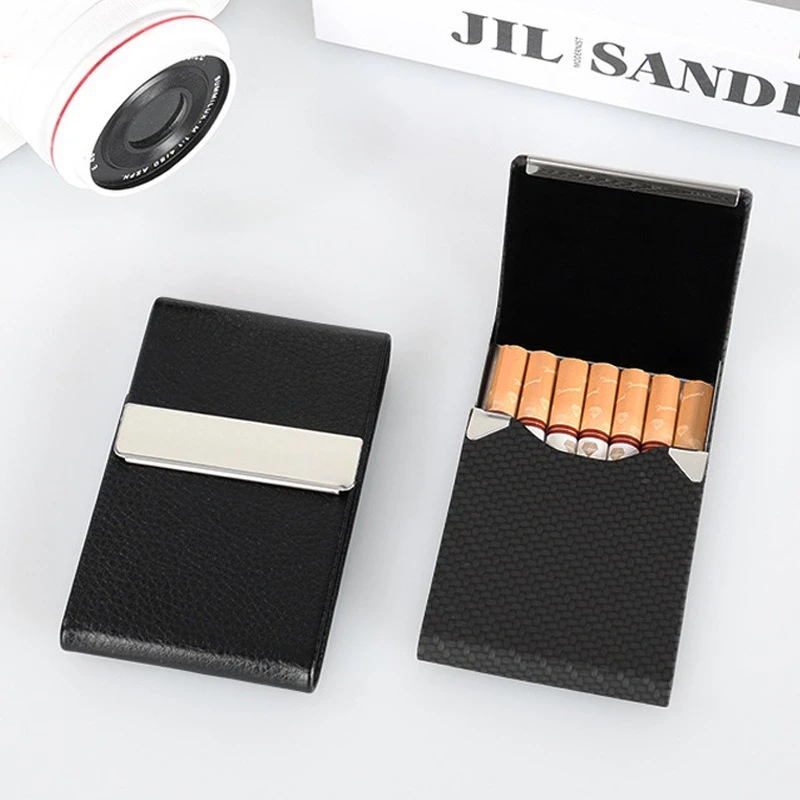 [Pack of 7] Business Fashion Men's Stainless Steel Rough Cigarette Box Anti-pressure Leather PU Cigarette Box