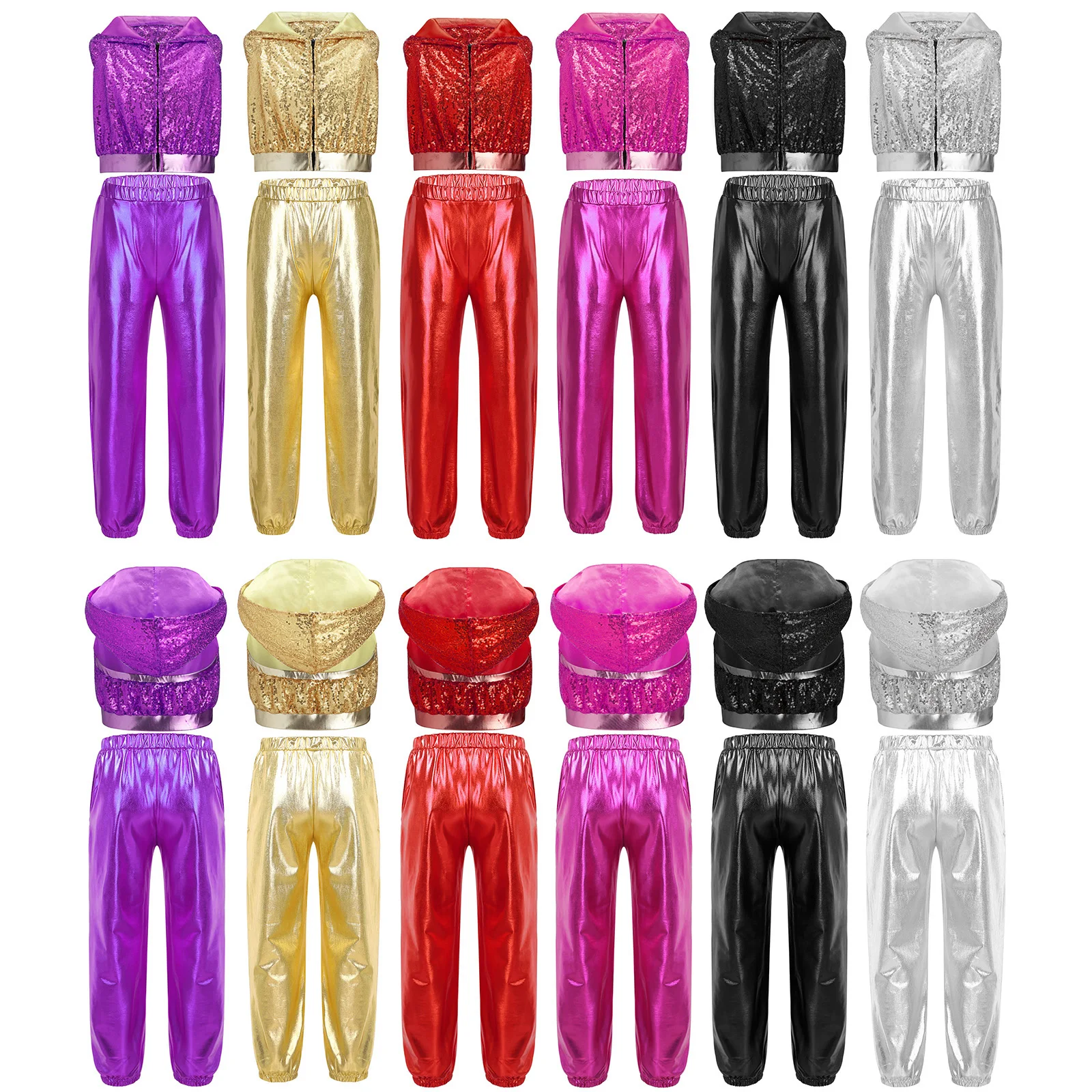 أطفال بنات الهيب هوب ملابس رقص الجاز بلا أكمام عارية الذراعين الجبهة زيبر تألق الترتر مقنعين المحاصيل مع مجموعة سراويل معدنية #5