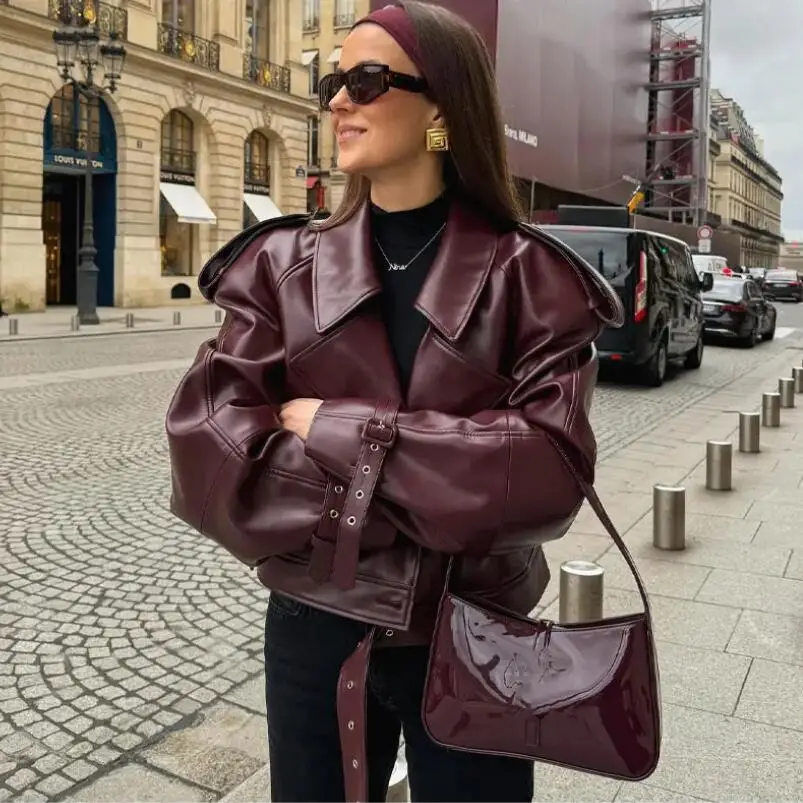 Elegant Wine Red Cropped Leather Jacket Women Fashion Turn-down Collared Long Sleeve Coat 2024 Autumn Streetwear Outfit p1316