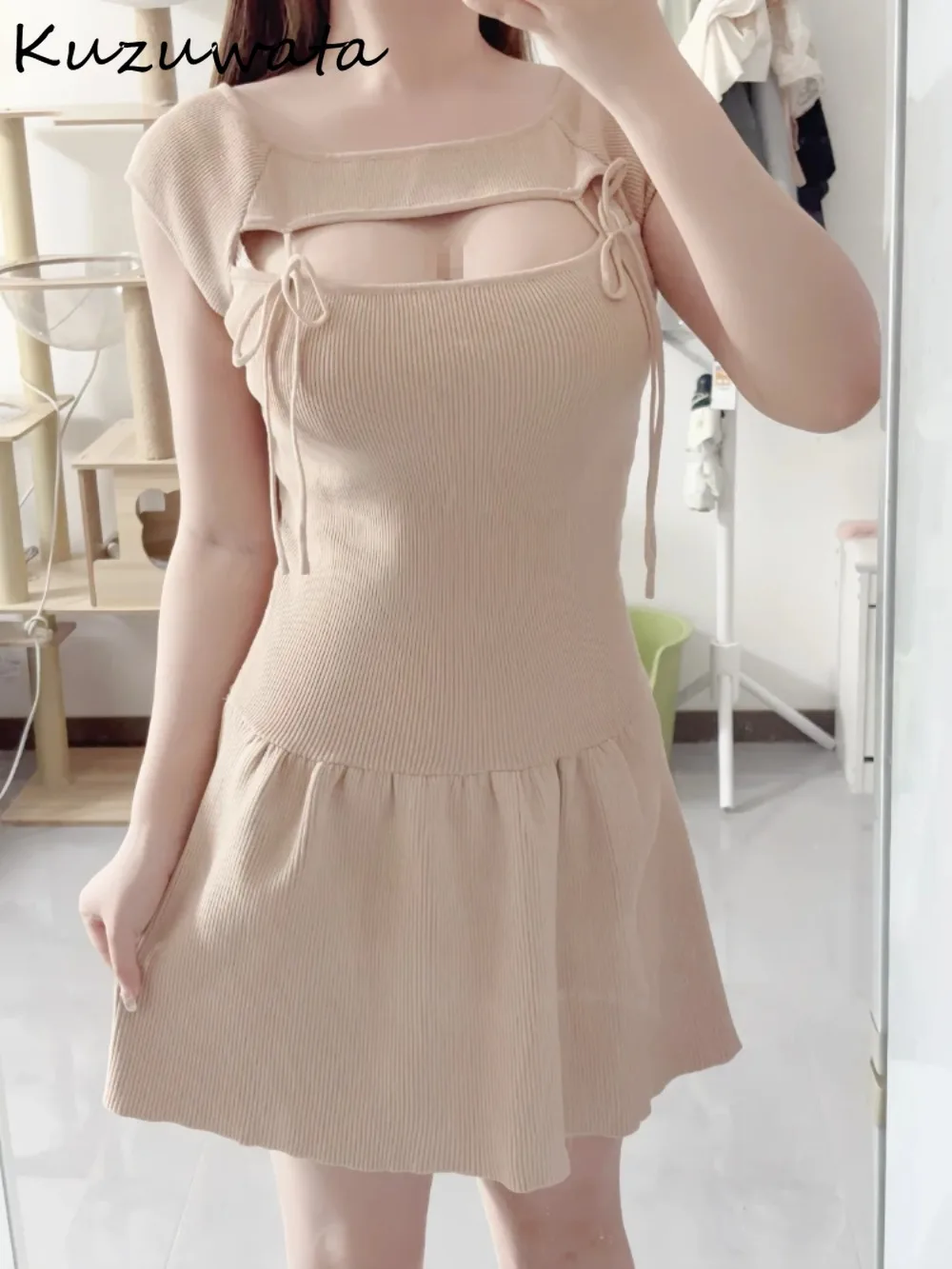 

Kuzuwata New Vintage Literary Trendy Sexy Vestido Hollow Out Lace Up Bow Knit Robe Japan Spice Girls Age Reduction Ruffles Dress