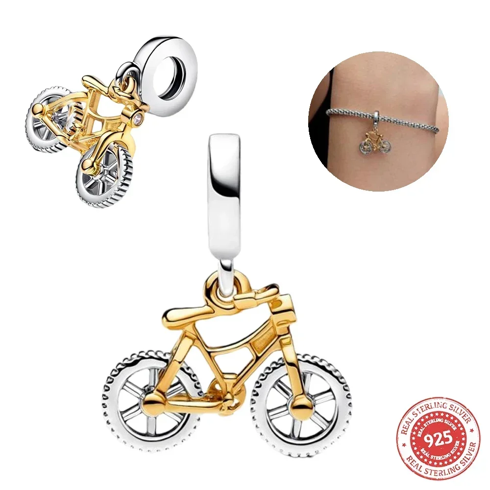 Hot 2024 New Two-tone Spinning Wheels Bicycle Dangle Charm for Original 925 Bracelet Jewelry Parisian Sports Style Dropshippring