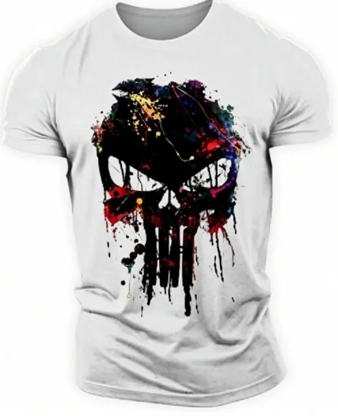Herren Gothic T-Shirt mit Tintenklecks-Schädel-Druck auf der Vorderseite, Kurzarm-Pullover für den Alltag – Detail 6