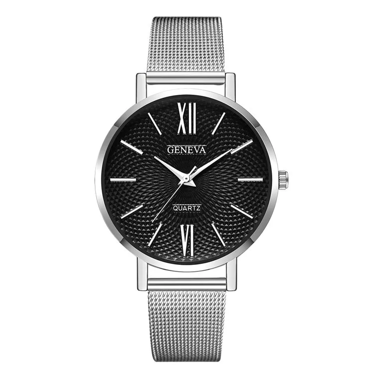 2021 New Geneva Watch Women Black Watches Stainless Steel Mesh Band Quartz Wristwatches Casual Ladies Watches Cheap Price