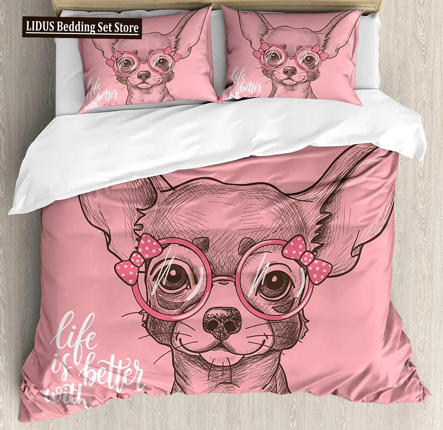 

Cute Chihuahua Dog Duvet Cover Set,Girl Chihuahua Fashion Glasses Ribbons Puppy,Bedding Sets Twin Single King Size,Pale Pink