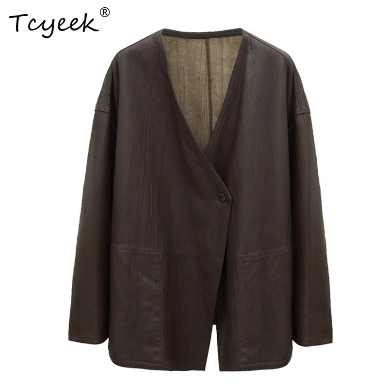 Tcyeek Prawdziwa Skóra Owcza Wiosna Jesień Elegancka Vintage Dekolt w Serek Brązowa Kawowa Damska Kurtka z Naturalnej Skóry Женская Кожаная Куртка