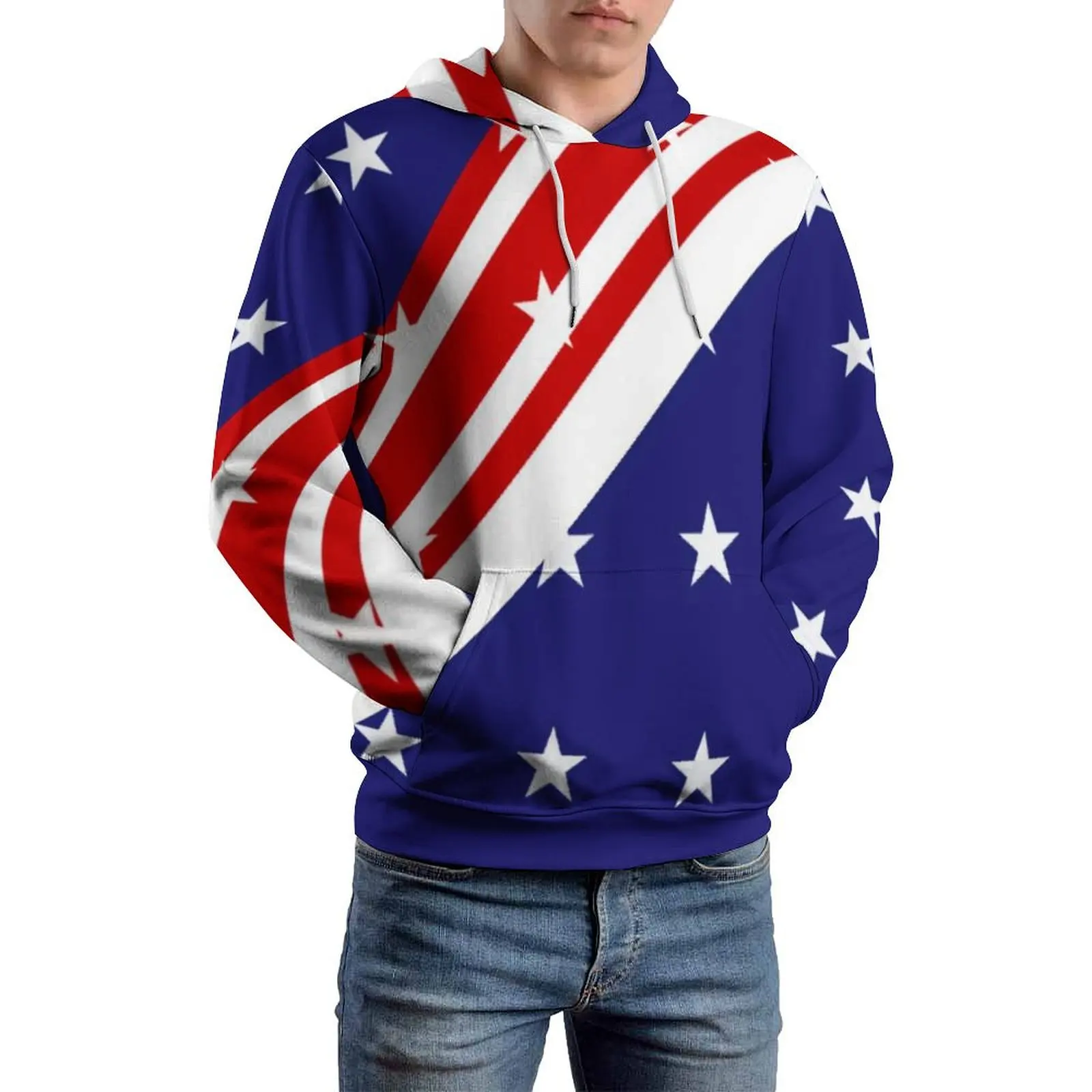 American Flag Red Blue Casual Hoodies Stars N Stripes July 4th Modern Design Hooded Sweatshirts Autumn Street Oversized Hoodie