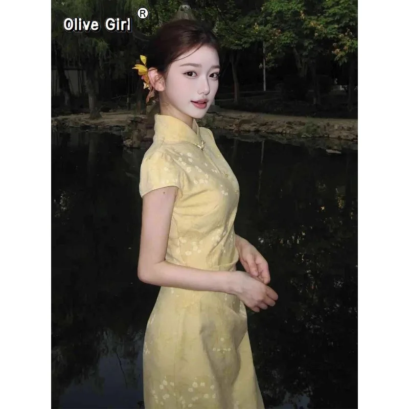 Improved Cheongsam Dress Qipao 2026 New Young Girl Orange Summer Daily Wearable Long Dress Chinese Summer Women Clothing