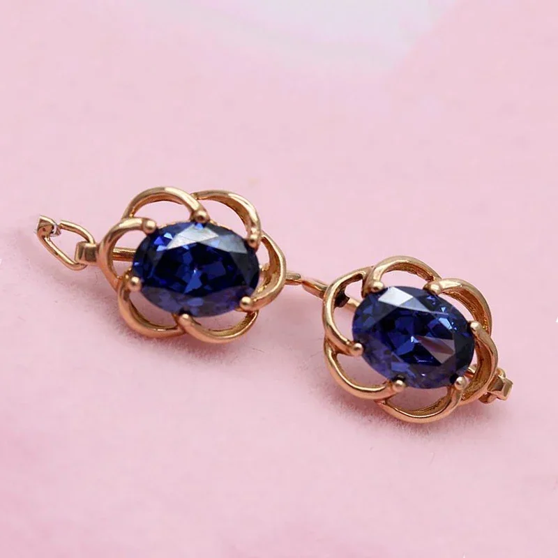 585 Purple Gold Sapphire Flower Earrings for Women14K Rose Gold Openwork Design Elegant Charm Fashion Luxury Engagement Jewelry