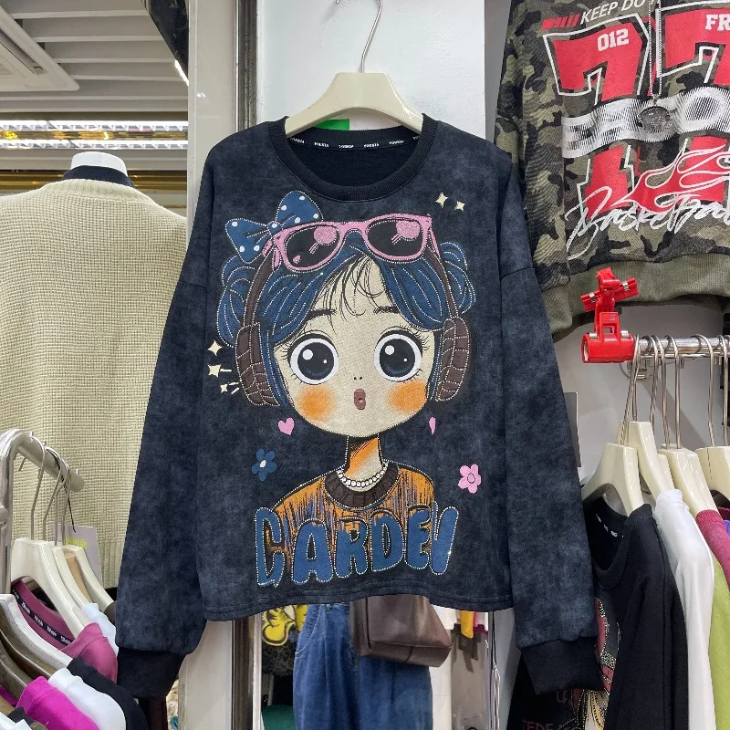 American Style Casual Rhinestone Cartoon Girl Oversized Sweatshirt Women's Loose Slimming Pullover 2025 Autumn New Kawaii Jacket