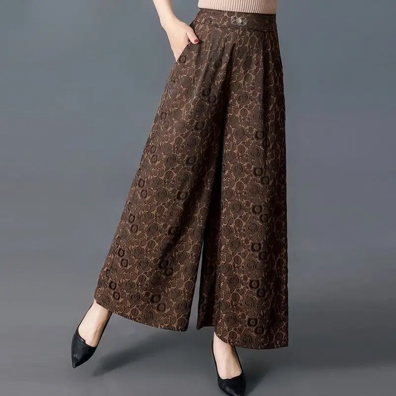 Pantalones de falda con estampado de seda de hielo para mujer, pantalón informal de cintura alta elástica, pierna ancha, largo hasta el tobillo, primavera y verano