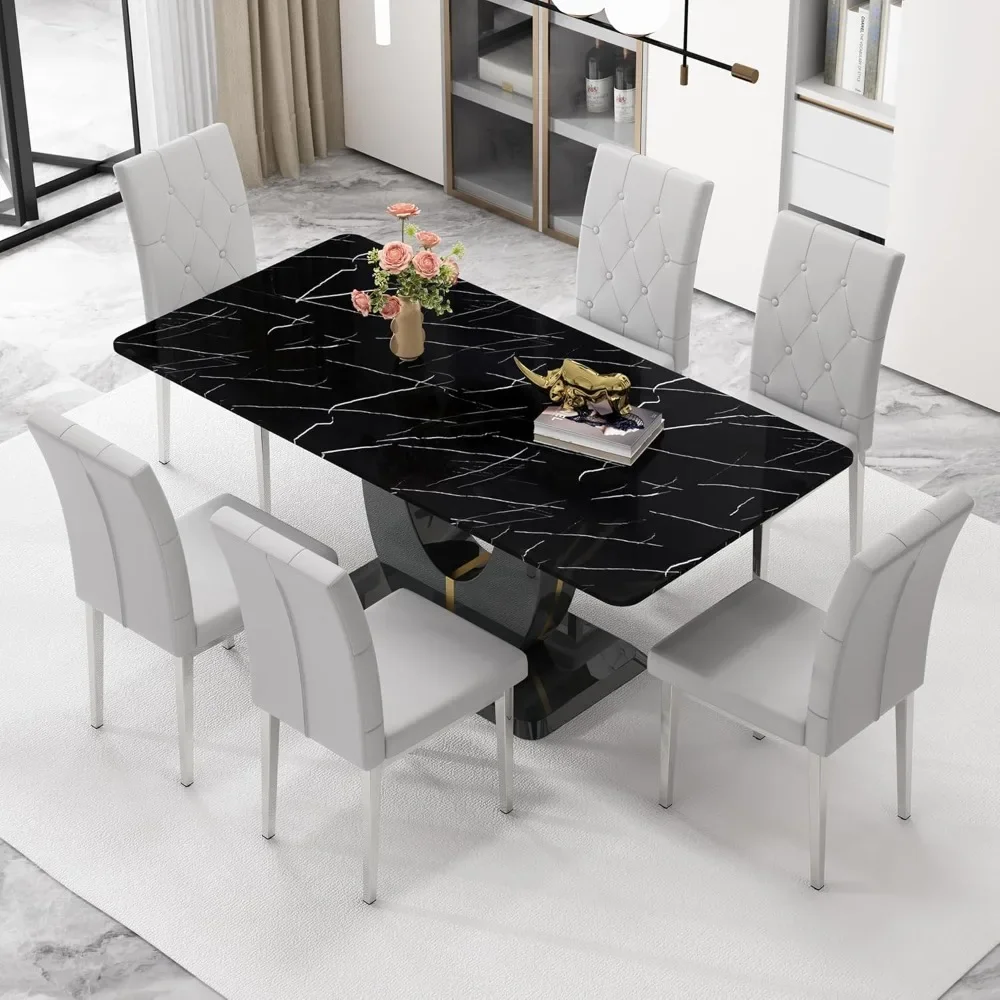 

Kitchen Table Sets,Faux Marble Dining Tables Set for 6, PU Leather Upholstered Chairs, Dining Room Table Set for Kitchen