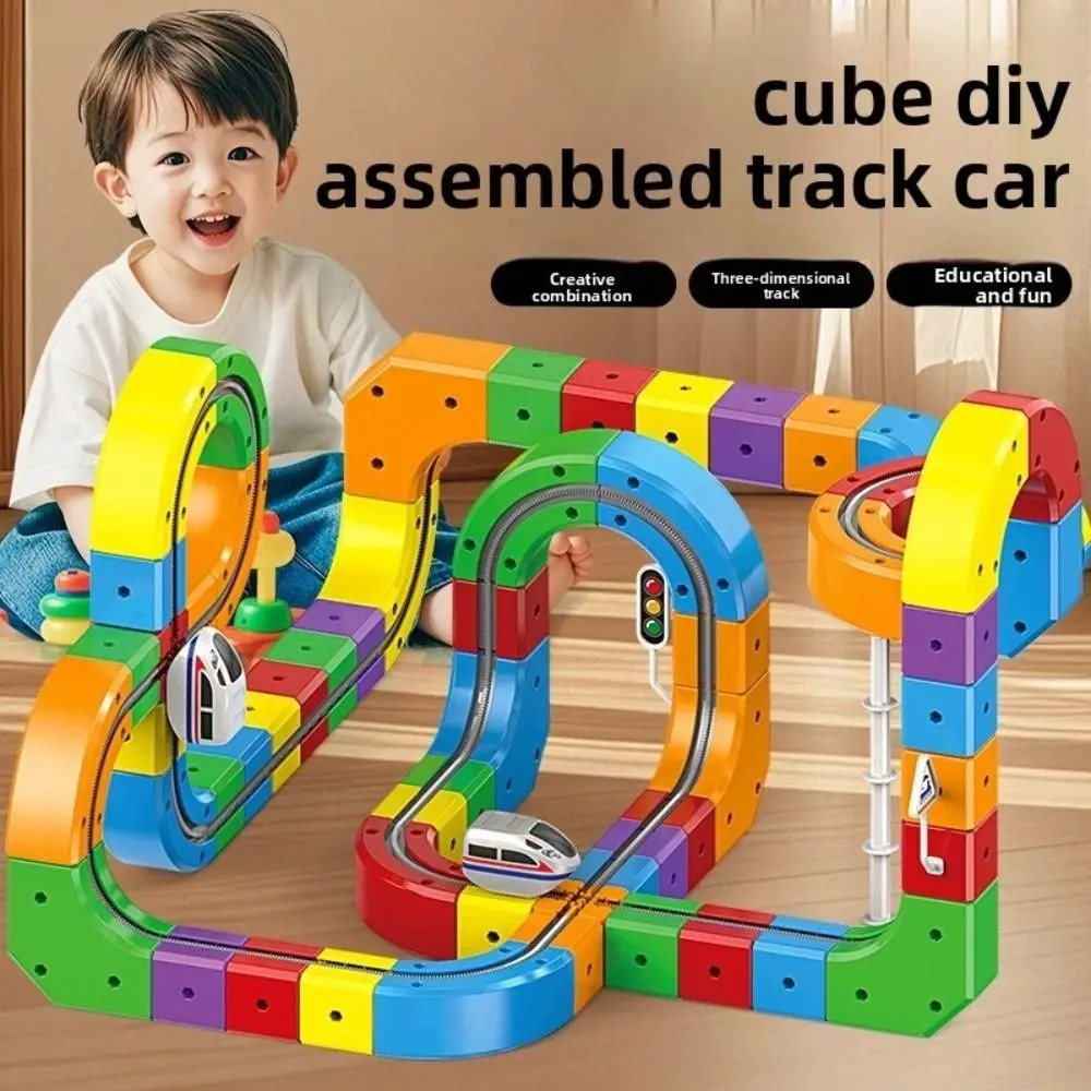 Cubo para niños, pista mágica, coche, tren multifuncional DIY, bloques de construcción ensamblados eléctricos con tren y señales de tráfico