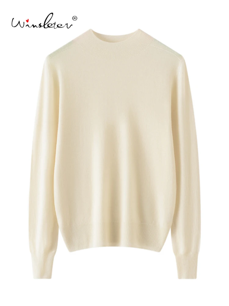 

Winsleter-100% шерстяной элегантный свитер, женский однотонный свитер с воротником-стойкой и длинными рукавами, модный повседневный теплый тонкий свитер, осень 2023, T58936CC