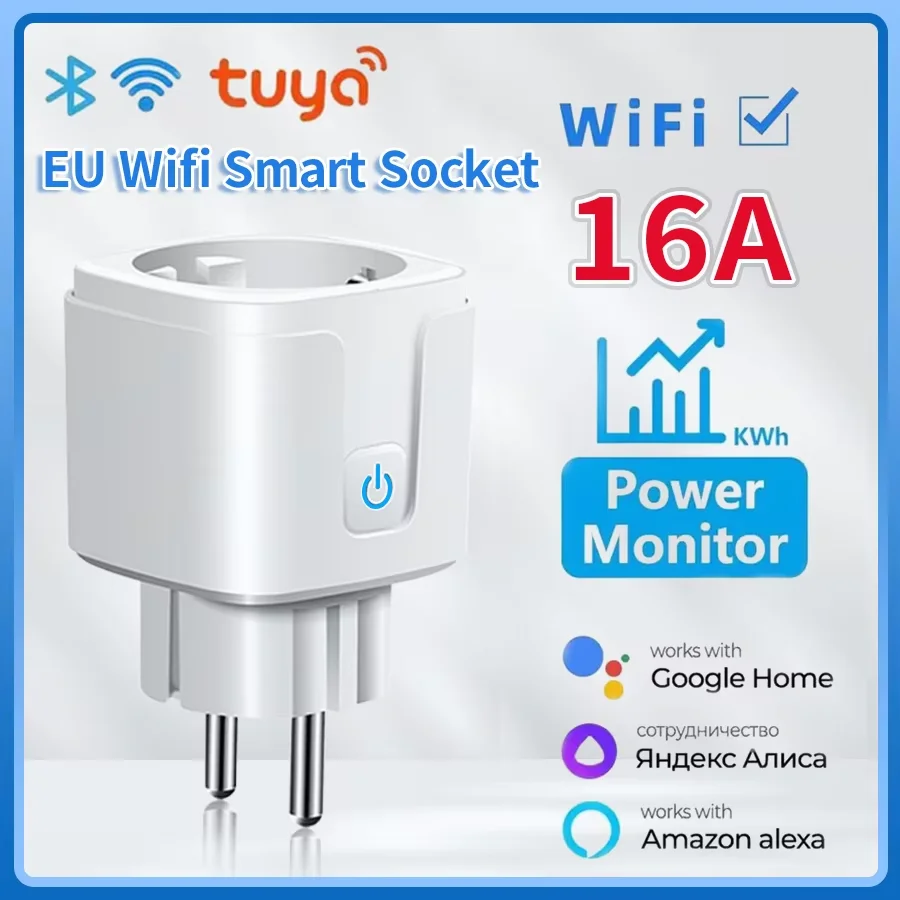 Smart Plug Tuya WiFi EU Socket 16A Power Monitoring Energy Outlet Voice Control Works with Alexa Google Home Smart Life 100-240V