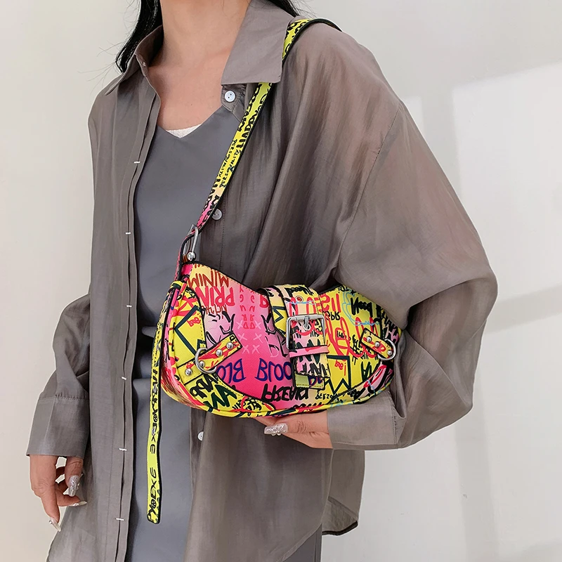 High Quality Women PU Leather Handbags Shoulder Bag Fashion Ladies Graffiti Saddle Crossbody Bags for Women Casual Messenger Bag