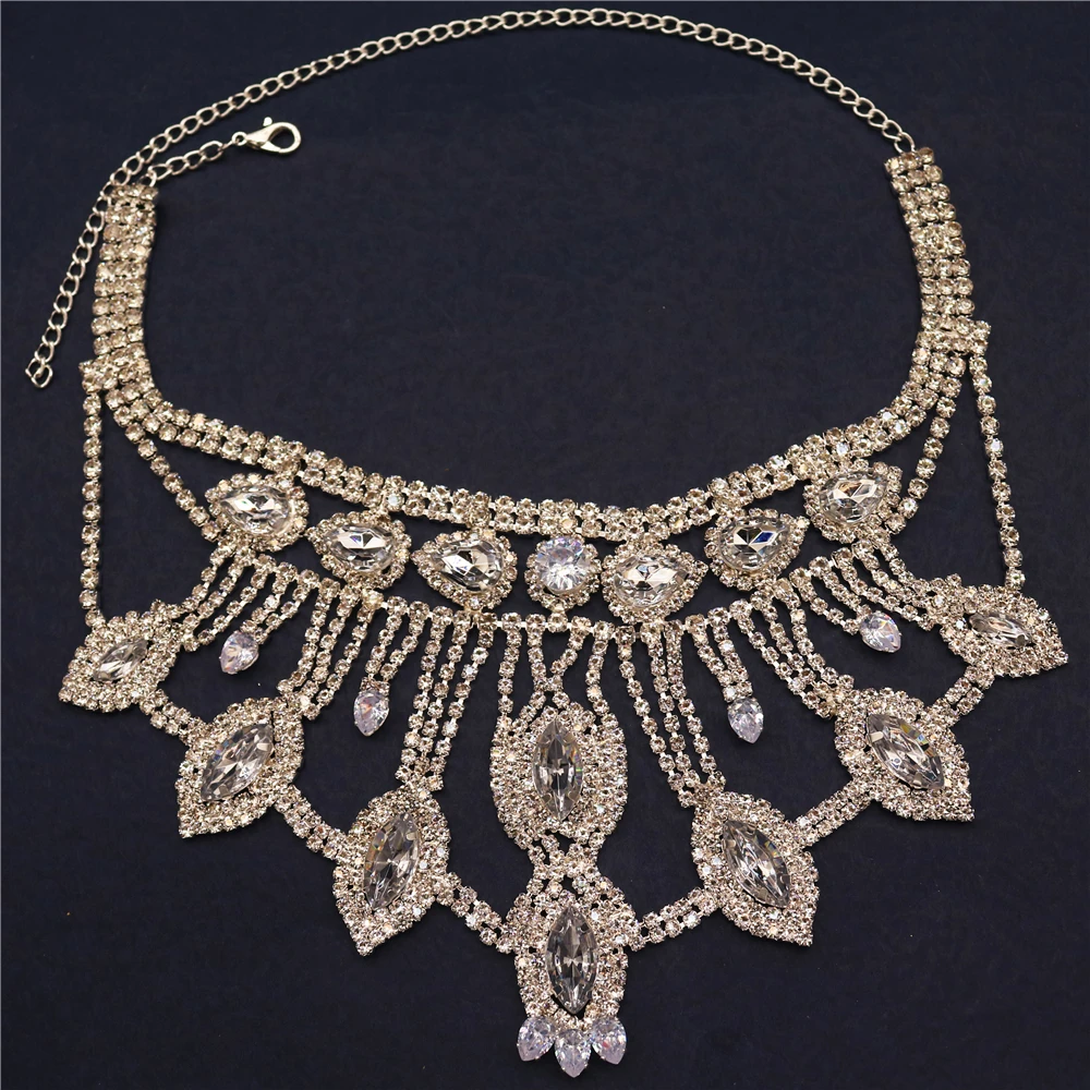 Fashion Exaggeration Multilayer Rhinestone Chunky Chain Heavy Crystal Choker Statement Necklaces for Women Charm Pendant Jewelry