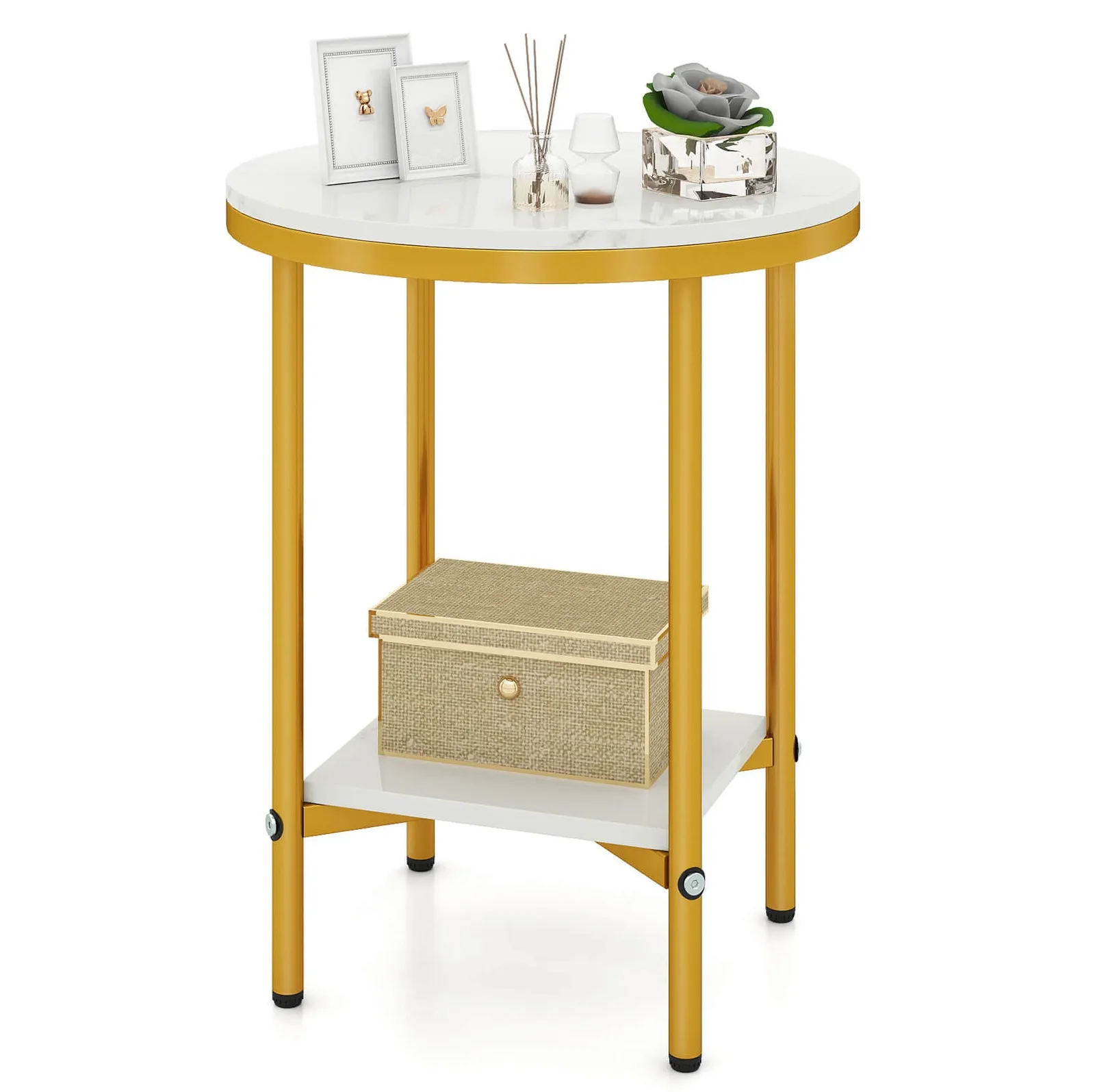 

16” 2-Tier Round Side Table w/Storage Shelf, Gold Metal Frame for Living Room