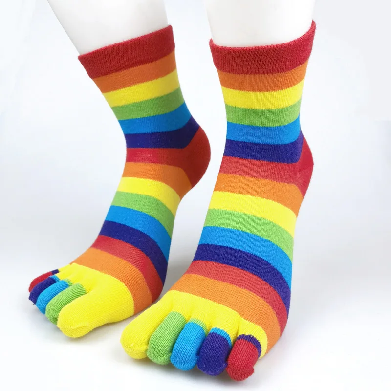 Cotton Breathable Women's Short Socks Women Toe Socks Funny Five Fingers Socks Colorful Striped Printed Rainbow women