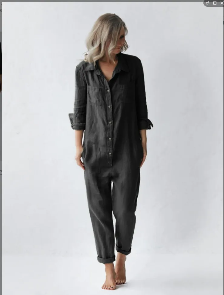 2025 Casual Lapel Pocket Long Sleeve Solid Color Cotton Jumpsuit