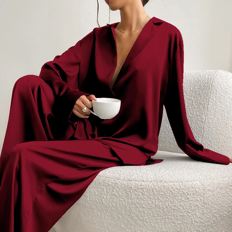 Autumn women\'s pajamas two-piece set with lapel buttons long sleeved top elastic waist long pants casual comfortable home wear