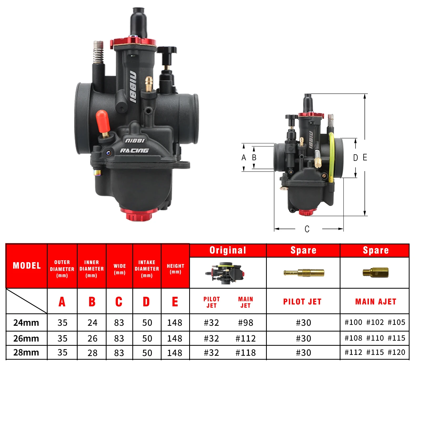 NIBBI Motorrad-Vergaser PWK 24/26/28mm Power Jets Carb Abnehmbarer Schwamm-Luftfilter-Kit für Yamaha Suzuki Pitbike 250cc Motor – Detail 2