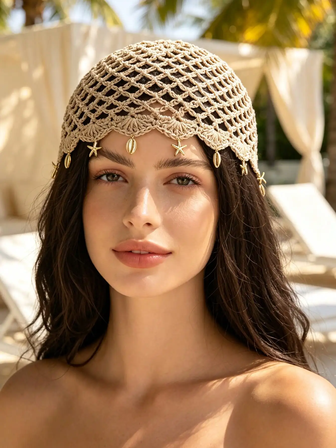Women's Bohemian Style Crochet Star Shell Hollow Knit Mesh Hair Cap Suitable For Daily Wear Beach Vacation Headscarf Accessory