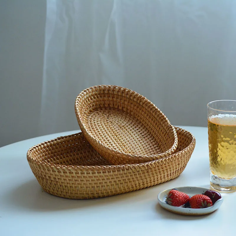 

Handmade Real Rattan Fruit Basket, Snack Bread Basket Tray, Living Room Snacks Sundries Storage Basket