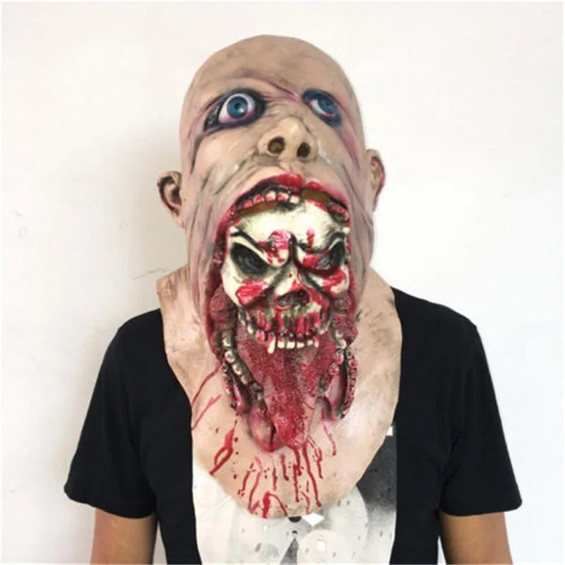 Funny Halloween Cannibal Head Mask Haunted House Skeleton Ghost Face Horror Bloody Demon Mask Zombie Ghost Halloween Party Props