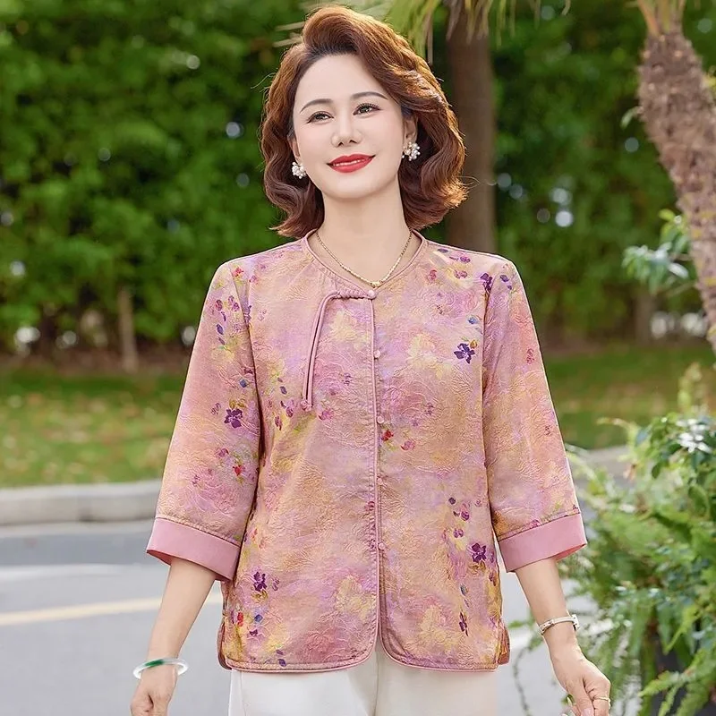 Conjunto de Dos Piezas de Verano para Mujer, Pantalones Jacquard, Blusa Coreana con Cuello Redondo, Pantalón y Camiseta, Talla Grande 5XL para Mamá de Mediana Edad