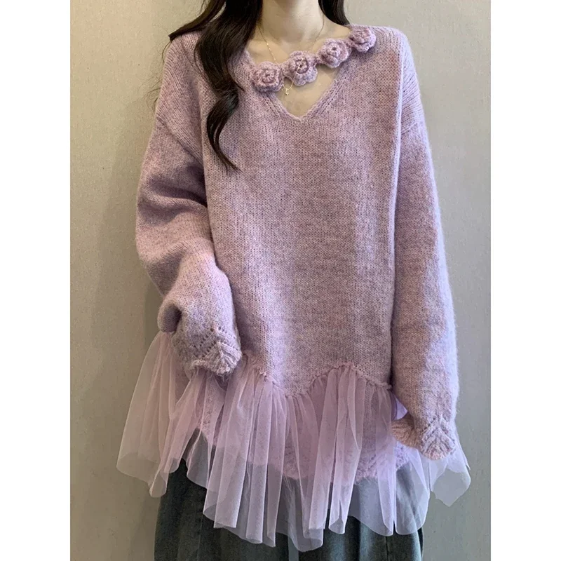 Dreidimensionaler Blumen-Strickpullover mit hängendem Hals für Damen, lockeres Oberteil, Pullover mit Netznähten, Lila, Herbst, 2026