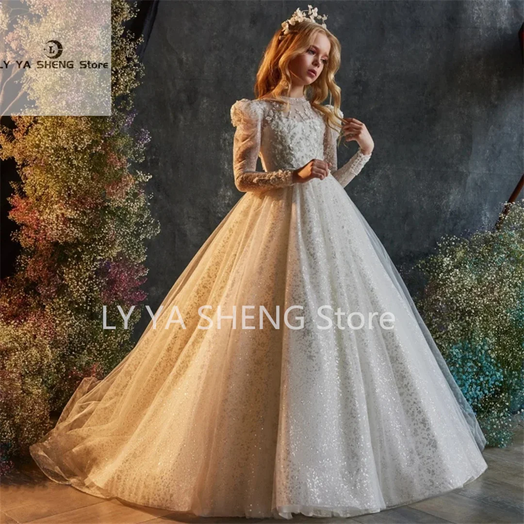 Flower Girls Dress For Wedding Party Butterfly Baptism Gowns Tulle Long Sleeve High Neck Appliques First Communion Gown