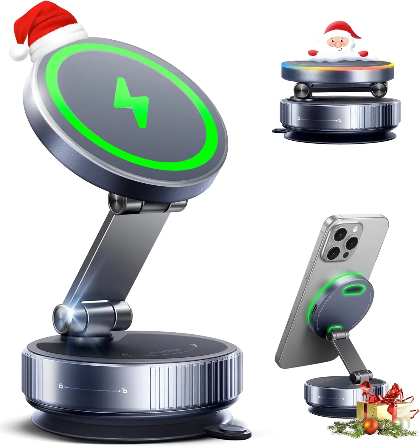 

360° Magnetic Car Phone Holder with Qi1 15W Wireless Charging, MagSafe Compatible Suction Cup Mount for iPhone 17 Pro Max & Andr